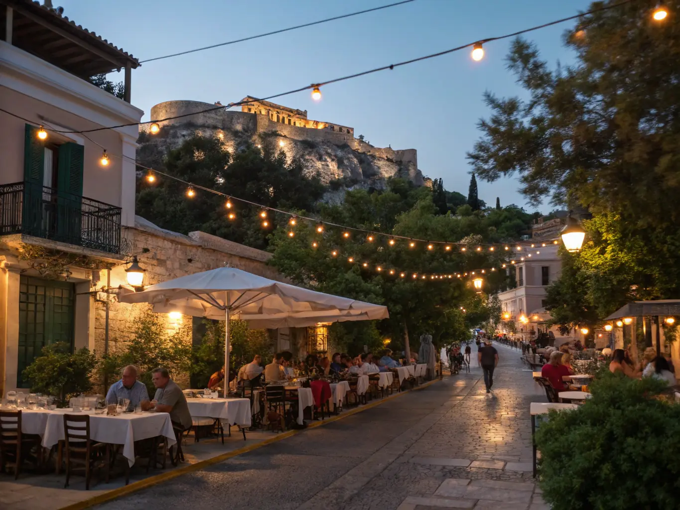 A vibrant image showcasing a bustling outdoor dining scene in the Plaka district of Athens, with the Acropolis visible in the background, capturing the essence of Athenian culinary life.