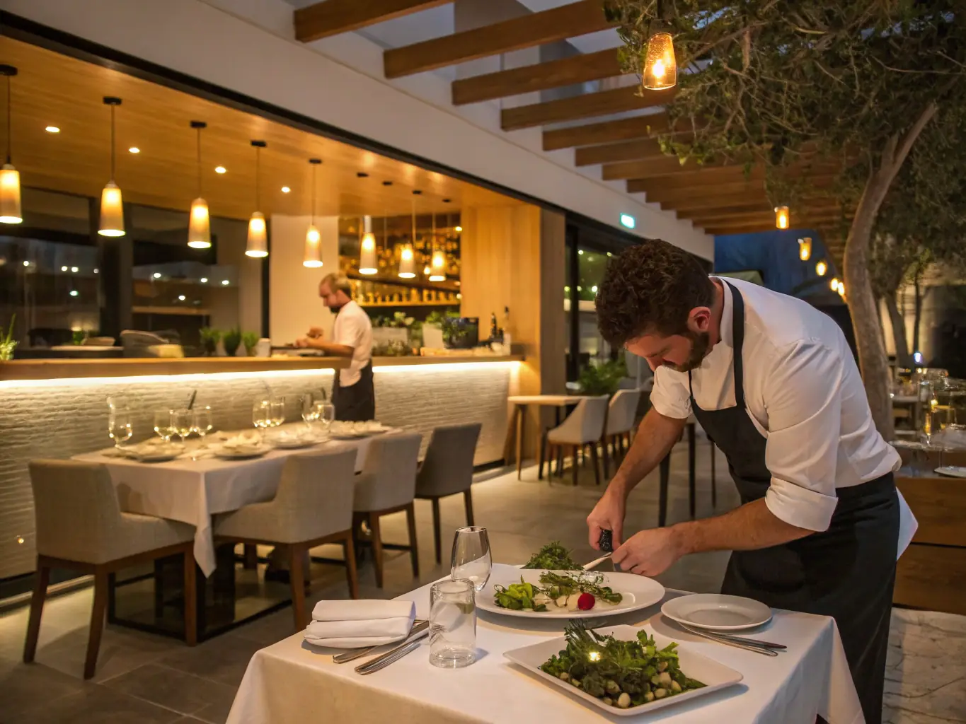 An elegant photo of a modern Greek restaurant in the Kolonaki district, showcasing innovative dishes and stylish ambiance.